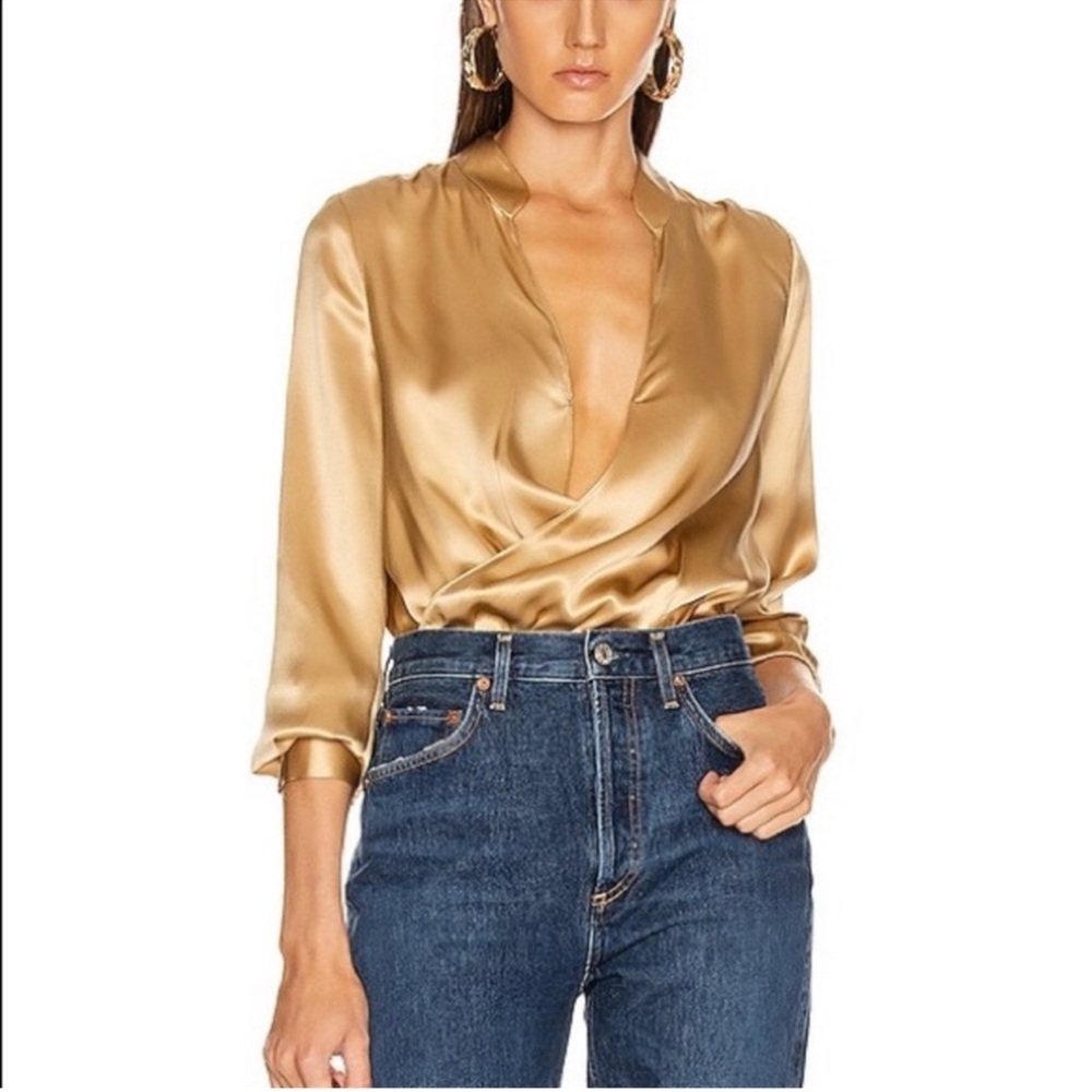 L'Agence Marcella Surplice Long-Sleeve Silk Charmeuse Bodysuit